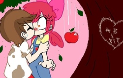 Size: 615x389 | Tagged: safe, artist:applecider1412, apple bloom, pipsqueak, human, g4, blushing, female, humanized, kiss on the lips, kissing, male, ship:pipbloom, shipping, straight, surprise kiss