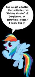 Size: 572x1237 | Tagged: safe, rainbow dash, g4, christmas, comic sans, derpibooru christmas theme, meta, request, text