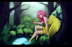 Size: 3178x2067 | Tagged: safe, artist:forgotten-wings, fluttershy, human, g4, clothes, dress, forest, humanized, water, winged humanization