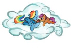 Size: 3744x2175 | Tagged: safe, artist:littletiger488, rainbow dash, scootaloo, bird, pegasus, pony, g4, bandage, cloud, cute, duo, duo female, female, injured, mare, on a cloud, scootalove, simple background, transparent background