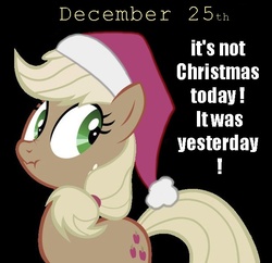 Size: 619x600 | Tagged: safe, applejack, g4, christmas, date, discorded, hat, image macro, liar face, liarjack, santa hat