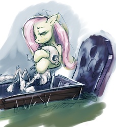 Size: 1166x1281 | Tagged: safe, artist:kvernikovskiy, fluttershy, pinkie pie, pony, g4, casket, dead, female, grave, gravestone, hug, imminent necrophilia, mare, sad, skeleton