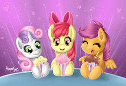 Size: 800x550 | Tagged: safe, artist:amenoo, apple bloom, scootaloo, sweetie belle, g4, cutie mark crusaders, milkshake