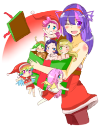 Size: 2250x2850 | Tagged: safe, artist:applestems, applejack, fluttershy, pinkie pie, rainbow dash, rarity, spike, twilight sparkle, human, g4, christmas, clothes, dress, humanized, mane seven, midriff, simple background, skirt, transparent background, winged humanization