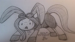 Size: 3264x1836 | Tagged: safe, artist:onphonereverie, fluttershy, pegasus, pony, g4, magic duel, bunny ears, clothes, dangerous mission outfit, female, goggles, hoodie, mare, monochrome, pencil drawing, request, sketch, solo, traditional art