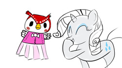 Size: 1024x576 | Tagged: safe, artist:socks, rarity, owl, pony, unicorn, g4, animal crossing, blush sticker, blushing, celeste (animal crossing), crossover, duo, duo female, eyes closed, female, horn, mare, raised hoof, simple background, smiling, tail, white background