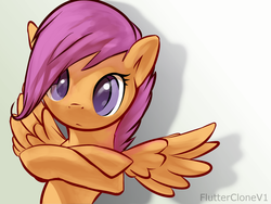 Size: 900x675 | Tagged: dead source, safe, artist:wave-line, scootaloo, pegasus, pony, g4, crossed hooves, female, filly, solo, spread wings, watermark, wings