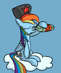 Size: 1243x1480 | Tagged: safe, artist:heretichesh, rainbow dash, pegasus, pony, g4, alcohol, blue background, cloud, drinking, eyes closed, female, mare, on a cloud, open mouth, russian, simple background, sitting, sky, solo, vodka