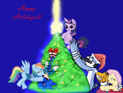 Size: 1024x768 | Tagged: safe, artist:kaiamurosesei, fluttershy, g4, crossover, crossover shipping, female, fluttertails, holiday, interspecies, male, miles "tails" prower, mordecai, mordetwi, regular show, shipping, sonic the hedgehog, sonic the hedgehog (series), sonicdash, straight