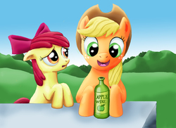 Size: 13438x9769 | Tagged: safe, artist:daoldhorse, apple bloom, applejack, g4, absurd resolution, alcohol, duo