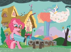 Size: 1046x764 | Tagged: safe, artist:neodabig, pinkie pie, princess celestia, diamond dog, earth pony, parasprite, pony, g4, armor, cannon, dig dog, ethereal mane, female, mare, parody, party cannon, rainbow nuke, serious sam, sunglasses