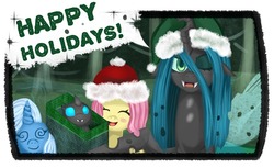 Size: 850x521 | Tagged: dead source, safe, artist:php13, fluttershy, queen chrysalis, trixie, changeling, changeling queen, nymph, pony, unicorn, g4, askchrysalis, christmas, female, hat, santa hat