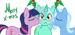 Size: 1280x597 | Tagged: safe, artist:azure-doodle, artist:vaderpl, lyra heartstrings, trixie, twilight sparkle, pony, unicorn, g4, blushing, cheek kiss, eyes closed, female, holly, holly mistaken for mistletoe, kiss sandwich, kissing, lesbian, sexually confused lyra, ship:lyxie, ship:twixyra, ship:twyra, shipping, unicorn twilight