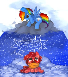 Size: 1280x1454 | Tagged: safe, artist:dhui, pinkie pie, rainbow dash, earth pony, pegasus, pony, g4, abuse, cloud, duo, pinkiebuse, snow, snowfall, tired pie