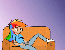 Size: 800x618 | Tagged: safe, artist:megasweet, artist:trelwin, pinkie pie, rainbow dash, human, g4, animated, canter girls, comic, couch, cute, dialogue, female, humanized, ponk, speech bubble, sticker, video game