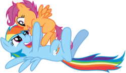 Size: 13001x7606 | Tagged: safe, artist:kysss90, artist:mickeymonster, rainbow dash, scootaloo, pegasus, pony, g4, absurd resolution, blank flank, cute, cutealoo, dashabetes, duo, duo female, female, filly, foal, holding a pony, lifting, looking at each other, looking at someone, mare, on back, open mouth, open smile, scootalove, simple background, smiling, spread wings, transparent background, vector, wings