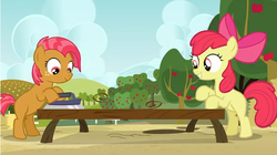 Size: 641x360 | Tagged: safe, apple bloom, babs seed, earth pony, pony, g4, animation error, duo, duo female, female, filly, foal