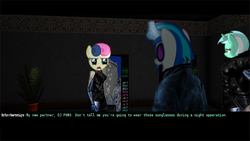 Size: 640x360 | Tagged: safe, edit, bon bon, dj pon-3, lyra heartstrings, sweetie drops, vinyl scratch, g4, anna navarre, augmented, bon bon is not amused, deus ex, gunther hermann, text, vending machine