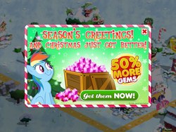 Size: 960x720 | Tagged: safe, gameloft, rainbow dash, g4, official, advertisement, christmas, hearth's warming eve, holiday, rainbow dash is best facemaker, wingless, you had one job