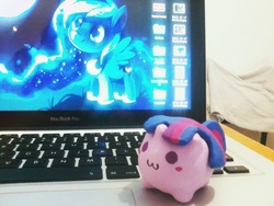 Size: 960x720 | Tagged: safe, artist:lunagamer, princess luna, twilight sparkle, g4, :3, blob, chibi, chubbie, computer, irl, laptop computer, macbook, macintosh (computer), photo, toy