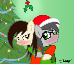 Size: 838x724 | Tagged: safe, artist:chainchomp7, oc, oc only, blushing, female, holly, holly mistaken for mistletoe, male, shipping, straight