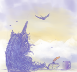 Size: 899x838 | Tagged: safe, artist:grayma1k, princess luna, alicorn, bird, pony, g4, book, cloud, cup, dusk, female, inkwell, mare, quill, solo, windswept mane