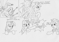 Size: 1280x920 | Tagged: safe, artist:the-ross, twilight sparkle, oc, oc:force magnitude, pony, unicorn, comic:terrible fan, g4, ace attorney, bipedal, female, frown, lineart, mare, mary sue, miles edgeworth, missile, monochrome, necktie, objection, phoenix wright, traditional art, unicorn twilight