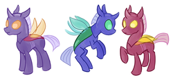 Size: 881x399 | Tagged: safe, artist:starlight-gaze, artist:tiitha, oc, oc only, changedling, changeling, blue changeling, called it, changeling oc, hilarious in hindsight, holeless, purple changeling, red changeling, simple background, trio, white background