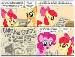 Size: 1098x839 | Tagged: safe, artist:kturtle, apple bloom, applejack, babs seed, pinkie pie, earth pony, pony, g4, bugs bunny, comic, dialogue, female, filly, foal, gang, hoof hold, humor, lol, male, mare, newspaper, open mouth, speech bubble