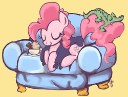 Size: 900x683 | Tagged: dead source, safe, artist:trazodoned, gummy, pinkie pie, earth pony, pony, g4, couch, female, hot chocolate, mare, sleeping, solo