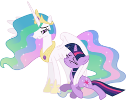 Size: 6900x5480 | Tagged: safe, artist:90sigma, princess celestia, twilight sparkle, alicorn, pony, unicorn, g4, the crystal empire, absurd resolution, bitchlestia, duo, ethereal mane, eyes closed, female, mare, simple background, transparent background, unicorn twilight, vector