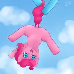 Size: 1512x1512 | Tagged: safe, alternate version, artist:zekromlover, pinkie pie, rainbow dash, earth pony, pegasus, pony, g4, belly button, cute, diapinkes, featureless crotch, female, flying, holding a pony, mare, offscreen character, solo focus