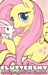 Size: 418x650 | Tagged: safe, artist:mooglegurl, angel bunny, fluttershy, pegasus, pony, rabbit, g4, blushing, female, looking at you, mare, solo, spread wings, wings