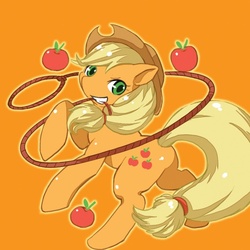 Size: 570x570 | Tagged: safe, artist:yoona, applejack, earth pony, pony, g4, apple, female, lasso, mouth hold, pixiv, rope, solo