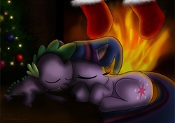 Size: 1012x713 | Tagged: safe, artist:psychoanalytic, spike, twilight sparkle, g4, fireplace, sleeping