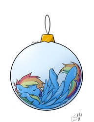 Size: 1024x1331 | Tagged: safe, artist:secret-pony, artist:thelittlebear, rainbow dash, pegasus, pony, g4, bauble, christmas, christmas ornament, colored, eyes closed, female, micro, ornament, simple background, solo, underhoof, white background