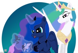 Size: 3000x2064 | Tagged: dead source, safe, artist:gaz-works, nightmare moon, princess celestia, princess luna, alicorn, pony, g4, abstract background, duo, female, magic, playing, royal sisters, siblings, sisters, smiling, telekinesis, toy