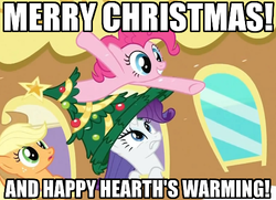 Size: 500x362 | Tagged: safe, edit, edited screencap, screencap, applejack, pinkie pie, rarity, g4, hearth's warming eve (episode), image macro