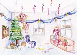 Size: 2511x1774 | Tagged: safe, artist:0okami-0ni, applejack, fluttershy, pinkie pie, rarity, twilight sparkle, g4, confetti, holiday, new year, rainbow, stars, traditional art, watercolor painting