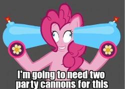 Size: 590x420 | Tagged: safe, pinkie pie, g4, image macro, imminent death, imminent suicide, party cannon, reaction image, solo