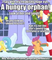 Size: 617x709 | Tagged: safe, edit, edited screencap, screencap, lemon hearts, scootaloo, pegasus, pony, unicorn, g4, hearth's warming eve (episode), 8 foot candy cane, candy cane, crying, female, filly, hearth's warming eve, image macro, mare, orphan, scootabuse, scootalone, stuck, tongue out, tongue stuck to pole, tongue stuck to something frozen