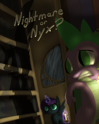 Size: 1000x1250 | Tagged: safe, artist:valcron, nightmare moon, spike, oc, oc:nyx, fanfic:nightmare or nyx?, fanfic:past sins, g4, brother and sister, candle, cover, dark, dark room, duo, duo male and female, ethereal mane, fanfic, fanfic cover, female, fimfiction, glowing horn, golden oaks library, gritted teeth, horn, male, rain, shadow, slit pupils, spread wings, two sides