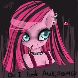 Size: 800x800 | Tagged: safe, artist:chiakitasso, pinkie pie, earth pony, anthro, g4, bust, cigarette, collar, colored pupils, earring, female, goth, gothic, heart, piercing, pinkamena diane pie, portrait, punk, smiling, solo