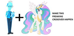 Size: 1085x530 | Tagged: safe, princess celestia, alicorn, pony, g4, all caps, exploitable meme, female, glasses, make it happen, mare, meme, simple background, surge protector, white background, wreck-it ralph