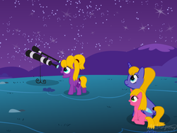 Size: 900x675 | Tagged: safe, artist:dabestpony, pony, unicorn, bonding time, dorothy ann hudson, evan hudson, family, female, filly, foal, horn, magic school bus, mare, mother and child, mother and daughter, mrs. hudson, parent and child, ponified, siblings, sisters, stargazing, stars, telescope