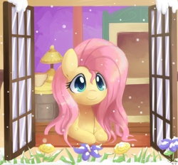 Size: 1400x1300 | Tagged: safe, artist:solar-slash, fluttershy, pony, g4, cute, female, snow, snowfall, solo, window