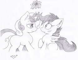 Size: 1213x925 | Tagged: dead source, safe, artist:joey darkmeat, scootaloo, sweetie belle, pony, g4, bedroom eyes, blushing, female, holly, holly mistaken for mistletoe, imminent kissing, lesbian, magic, monochrome, ship:scootabelle, shipping