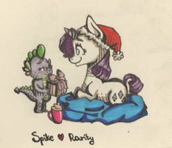 Size: 477x413 | Tagged: safe, artist:maslozerca, rarity, spike, g4, 2012, blushing, christmas, female, hat, hot chocolate, male, present, ship:sparity, shipping, straight