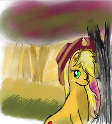 Size: 411x455 | Tagged: safe, artist:equestrianartist, applejack, g4, equestrianartist, orchard, sunset