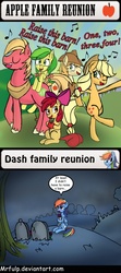 Size: 1000x2254 | Tagged: safe, artist:mrfulp, apple bloom, apple fritter, applejack, big macintosh, braeburn, rainbow dash, earth pony, pegasus, pony, g4, apple family member, comic, dark comedy, female, gravestone, graveyard, hilarious in hindsight, implied death, jossed, male, mare, mood whiplash, orphan, stallion